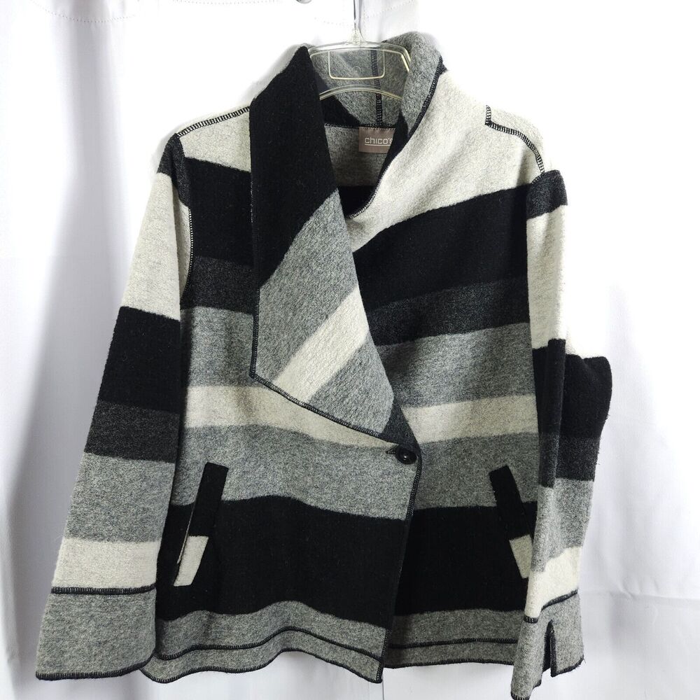 Chico's Women's 1 US 8 Gray Black Striped Colorblock‎ Wool Jacket